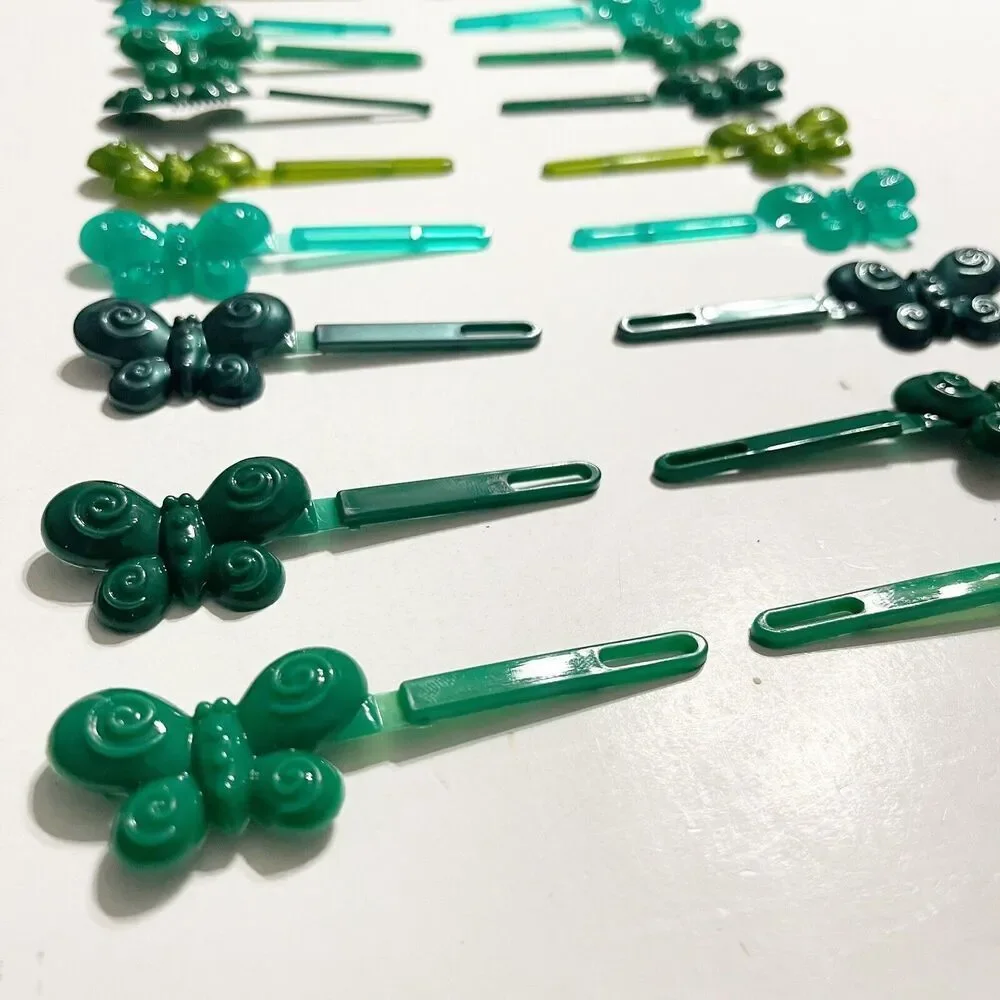 Vintage Green Plastic Butterfly Barrettes 9 Pairs - 18 Total‎ Matching Shades